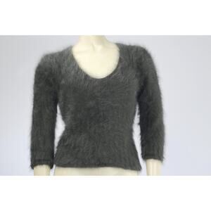 Vintage Express Soft Fuzzy Gray Angora Rabbit Hair 3/4 Sleeve Top Sweater Size S